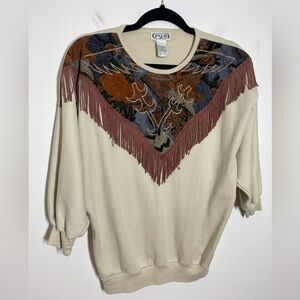 Vintage P Galli Size Medium Western Fringe 3/4 Sleeve Sweatshirt Embroidered